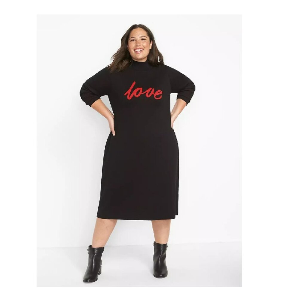 Lane Bryant Black Red Love Graphic Turtleneck Sweater Dress Sz 18/20
